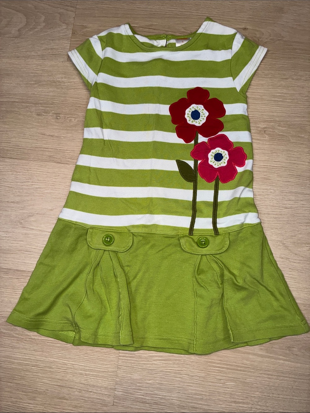 Gymboree Green and White Stripe Dress with Red & Pink Flower Appliqués